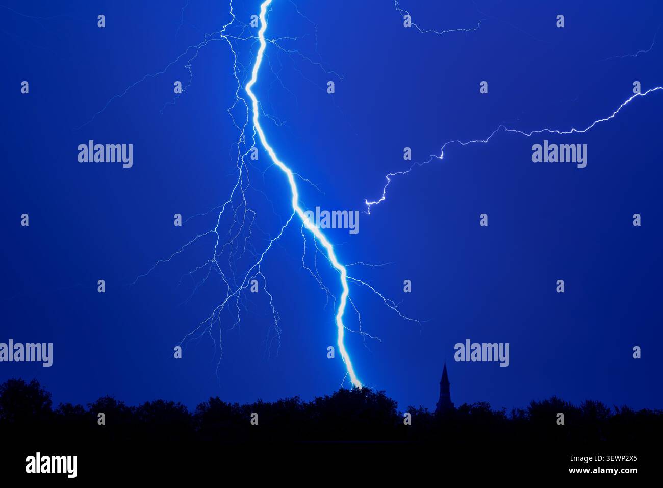 Gabelblitz / Wolken-zu-Boden-Blitzschlag während eines Gewitters am blauen Nachthimmel über Wald mit Silhouetten Baumkronen und Kirchturm Stockfoto