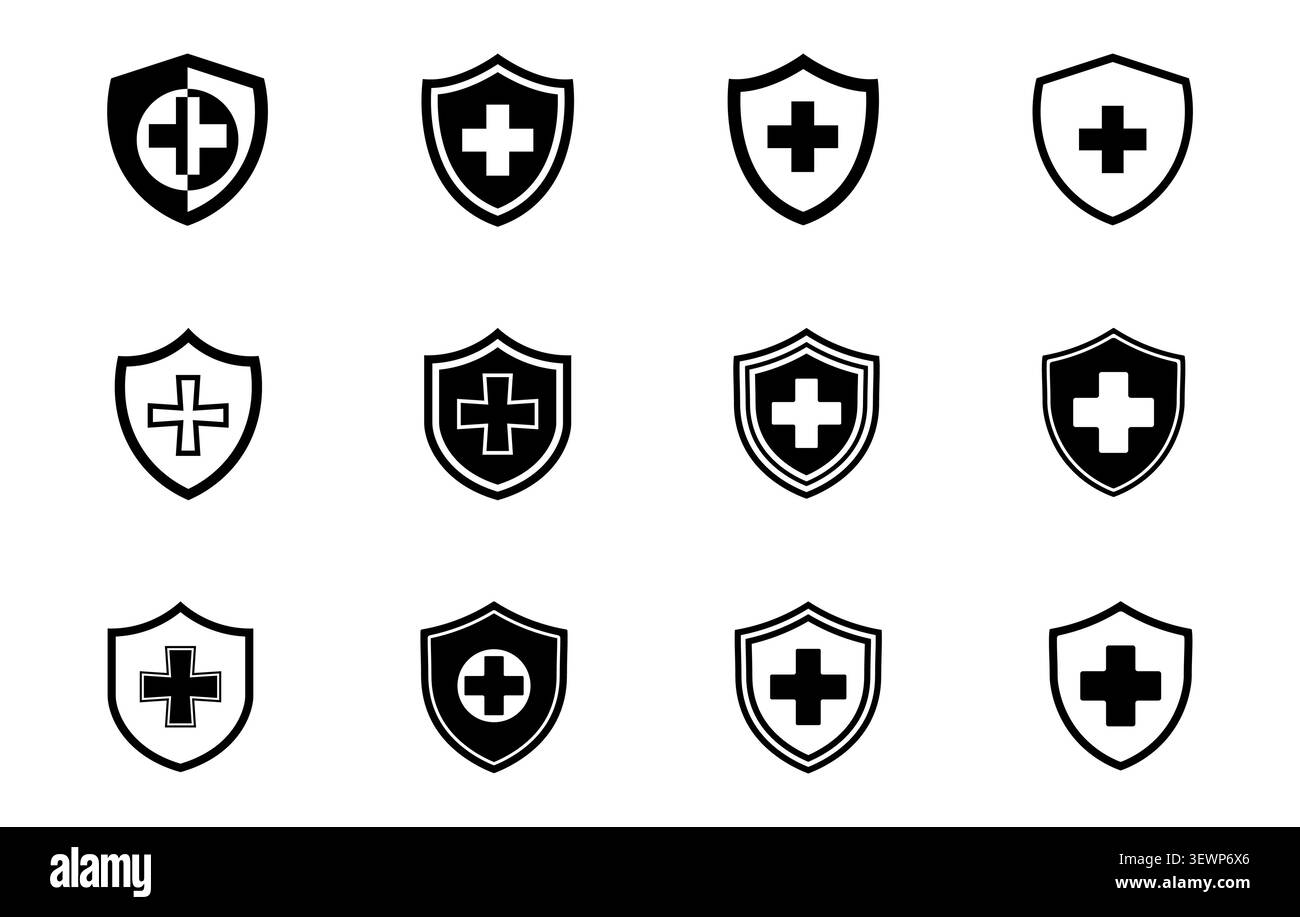 Medizinischer Schild mit Kreuz Symbol Set, medizinischer Schild Symbol, medizinischer Schild svg, medizinischer Schild mit Kreuz svg, medizinischer Schild Silhouette. Stock Vektor