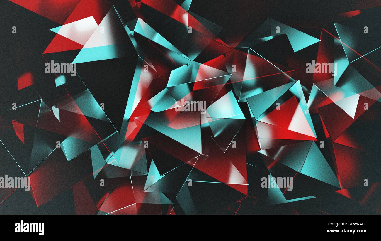 Abstrakter 3D-gerenderter geometrischer Hintergrund mit leuchtendem Cyan- und Rotem Glasdreieck. Stockfoto