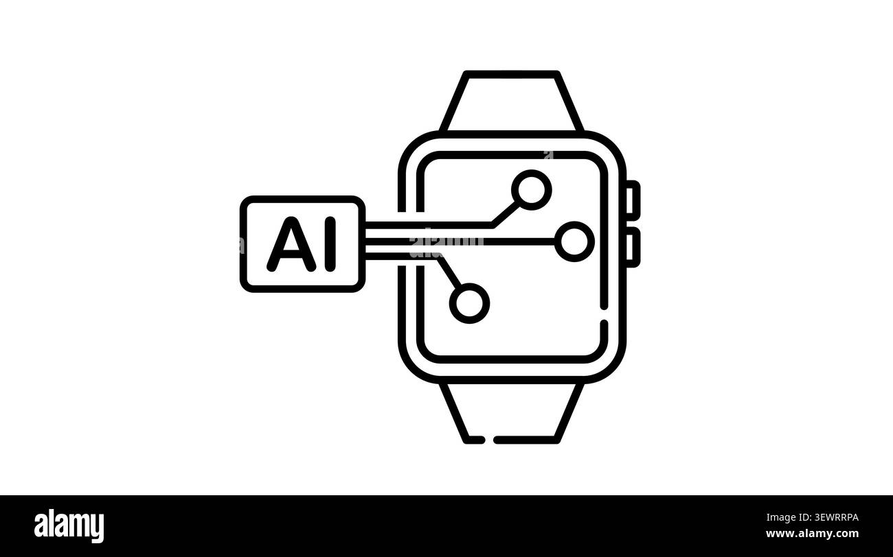Smartwatch-Symbol für künstliche Intelligenz: Tragbare Smart-Uhr mit dem Symbol des neuronalen KI-Netzwerks auf dem Bildschirm, minimalistische schwarze Vektorgrafiken Stock Vektor