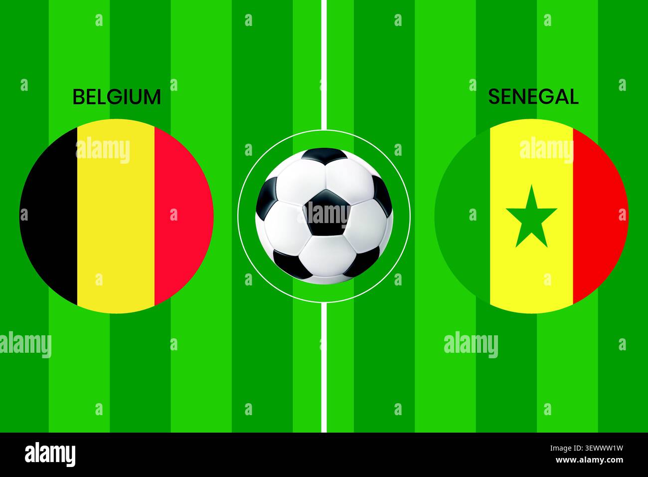 Vektorgrafik des Konzepts des Fußballspiels Belgien gegen Senegal, die Nationalflaggen Belgiens und Senegals in kreisförmigen Rahmen auf einem grünen Fußballfeld zeigt Stock Vektor