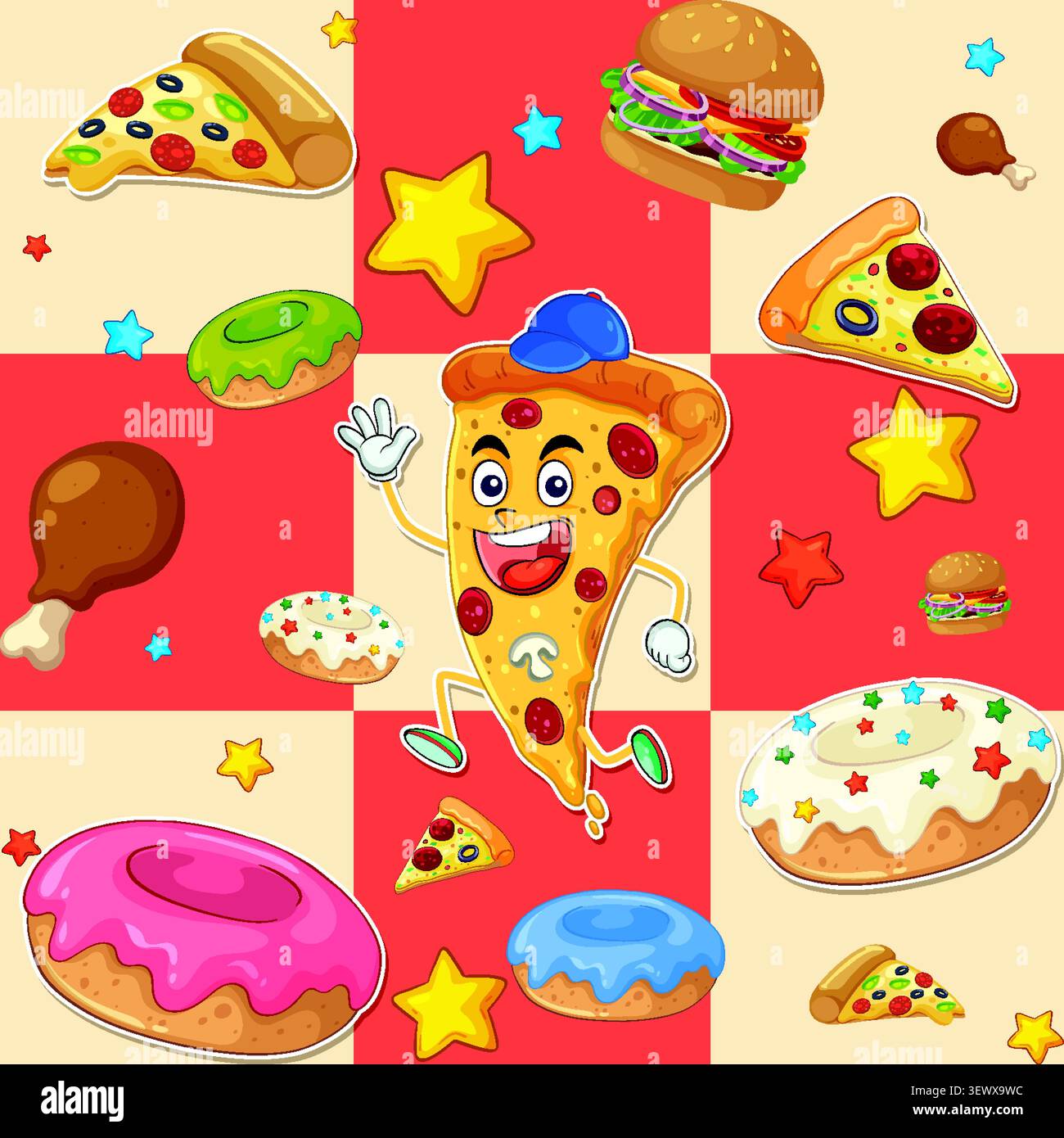 Farbenfroher, nahtloser Hintergrund mit animierten Pizzascheiben, Burgern, Donuts und Sternen vor kariertem Hintergrund. Stock Vektor
