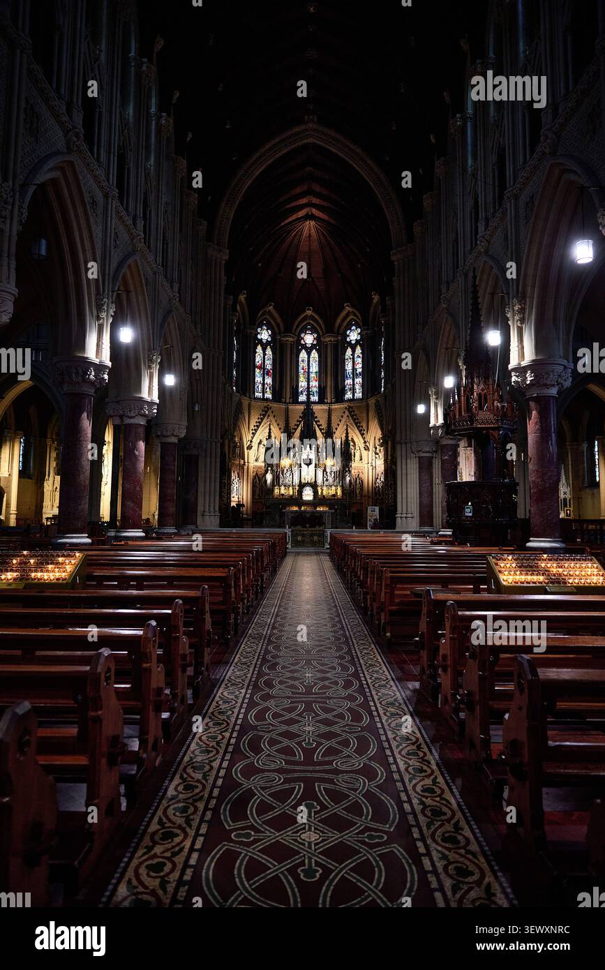 Inneres der St Colman's Kathedrale mit zentralem Schiff in Cobh, County Cork, Irland Stockfoto