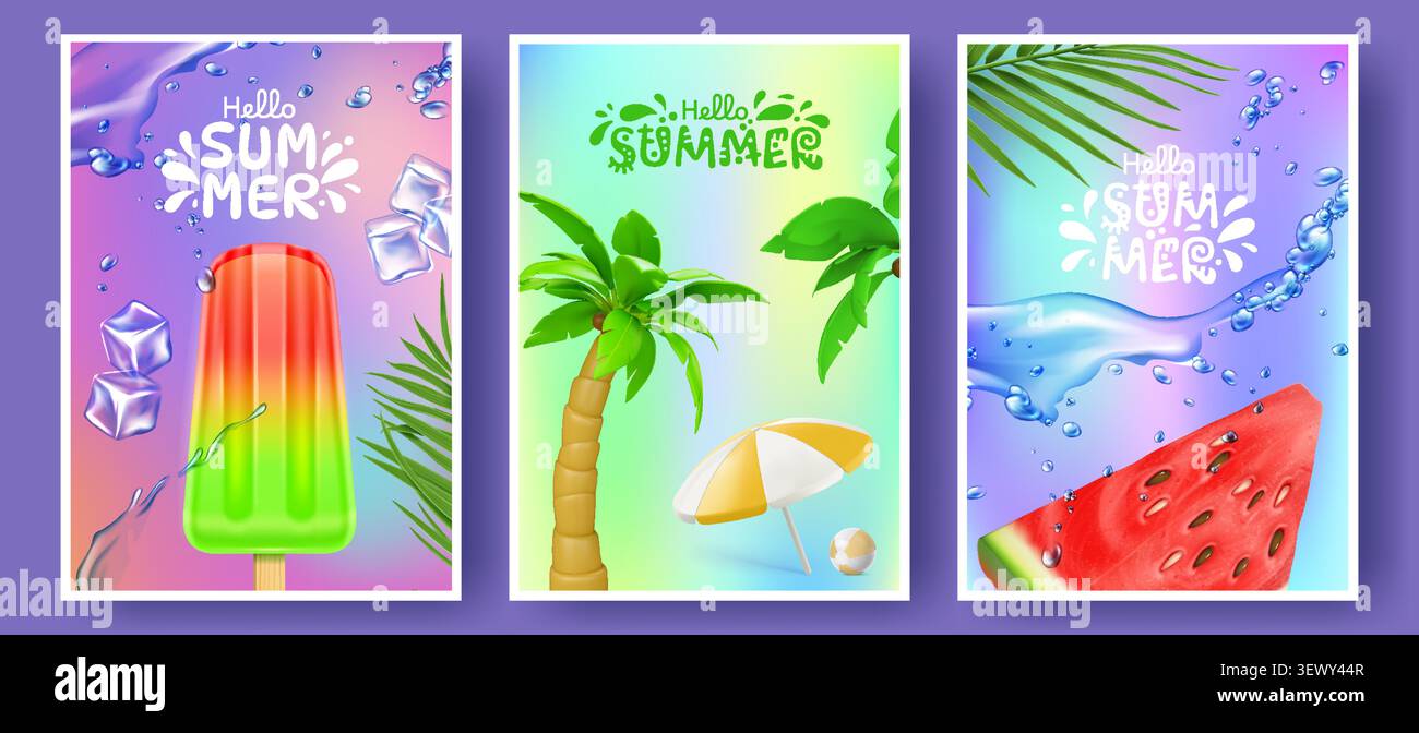 Sommerplakat mit tropischem Stranddesign, Wassermelonenscheibe, grünen Palmenblättern. Vektor-Hintergründe mit sonnigem Urlaub Vibes. Weihnachtsbanner oder Reisekarten mit Regenbogenmotiv, Wasserspritzer Stock Vektor