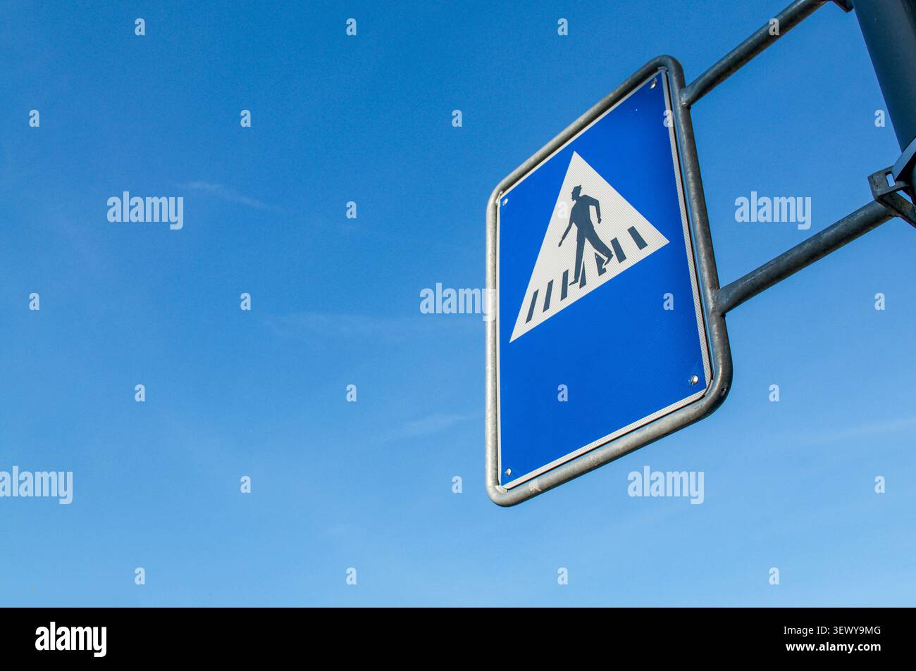 Nahaufnahme eines blauen Fußgängerkreuzschilds in der Schweiz. Minimalistisches urbanes Straßendesign vor einem klaren blauen Sommerhimmel Stockfoto