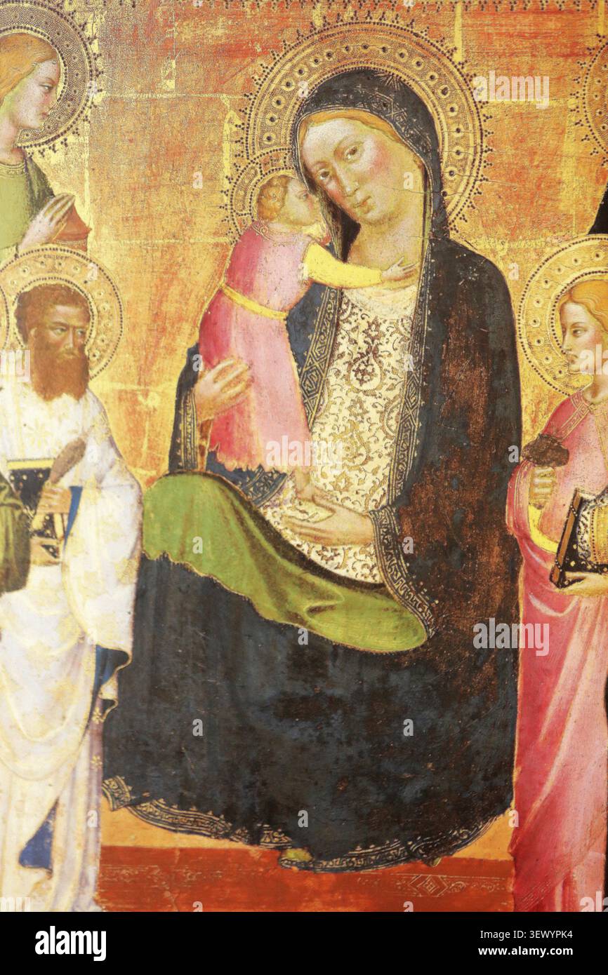 La Vierge et l'Enfant avec Six Saints. Attribué àMariotto di Nardo. Florenz. Connu depuis 1393. Mort en 1424. D 10. Dépôt du Musée du Louvre. Exposit Stockfoto