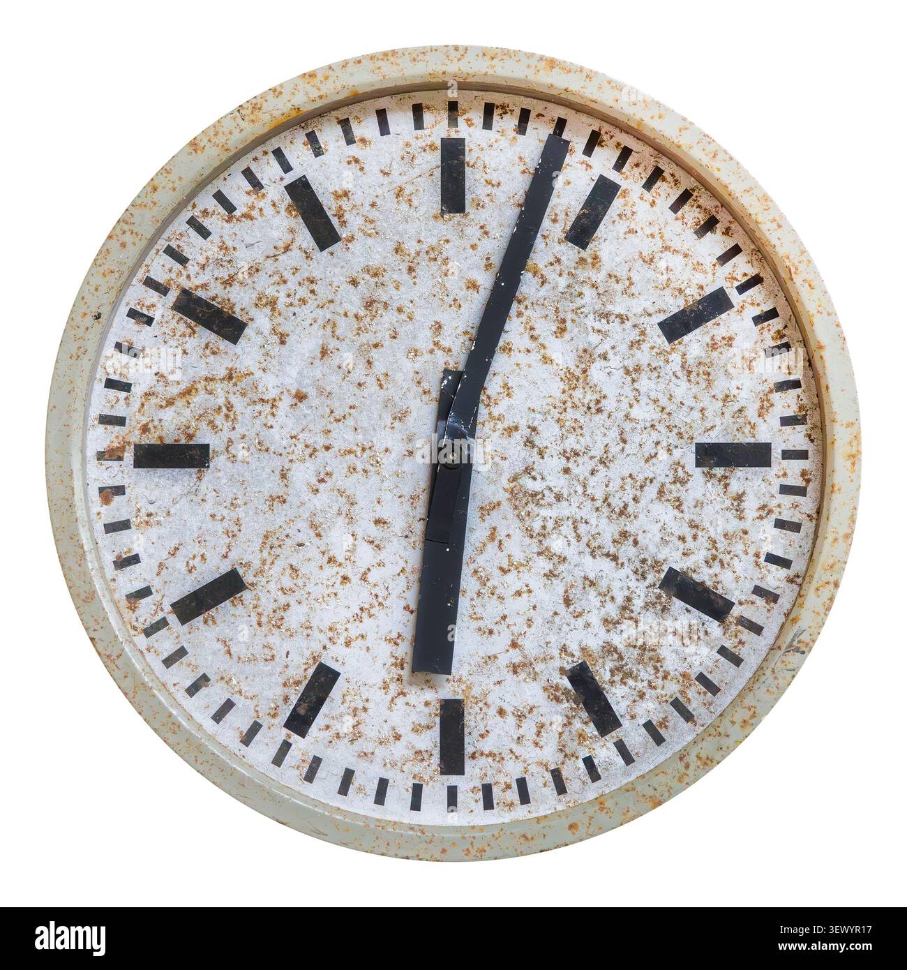 Die Bürouhr zeigt sechs Uhr auf weißem Hintergrund Stockfoto