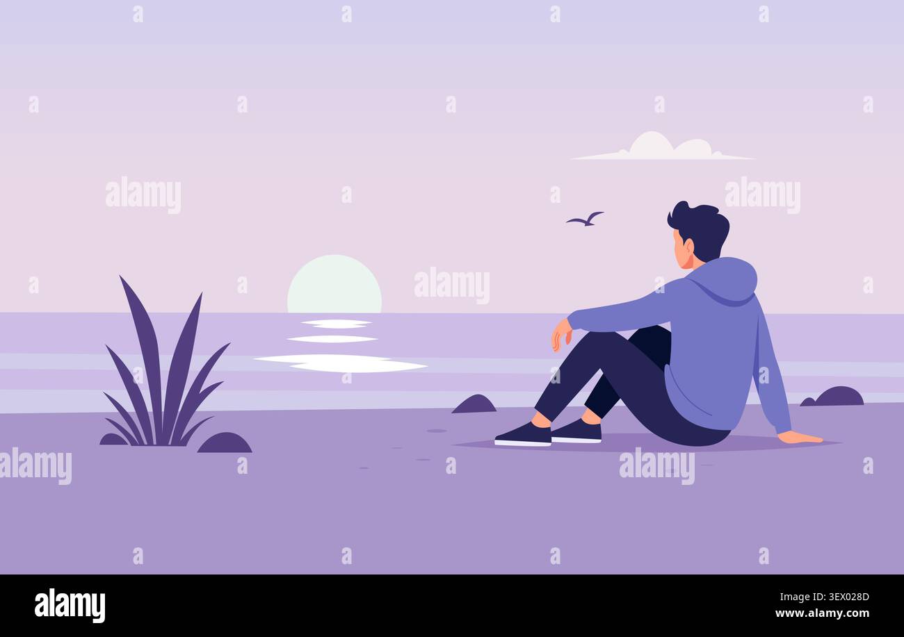 Einsamkeitsreflexion. Die Vektor-Illustration zeigt eine einsame Person, die am Ufer sitzt und den Sonnenuntergang über einem ruhigen Meer beobachtet Stock Vektor