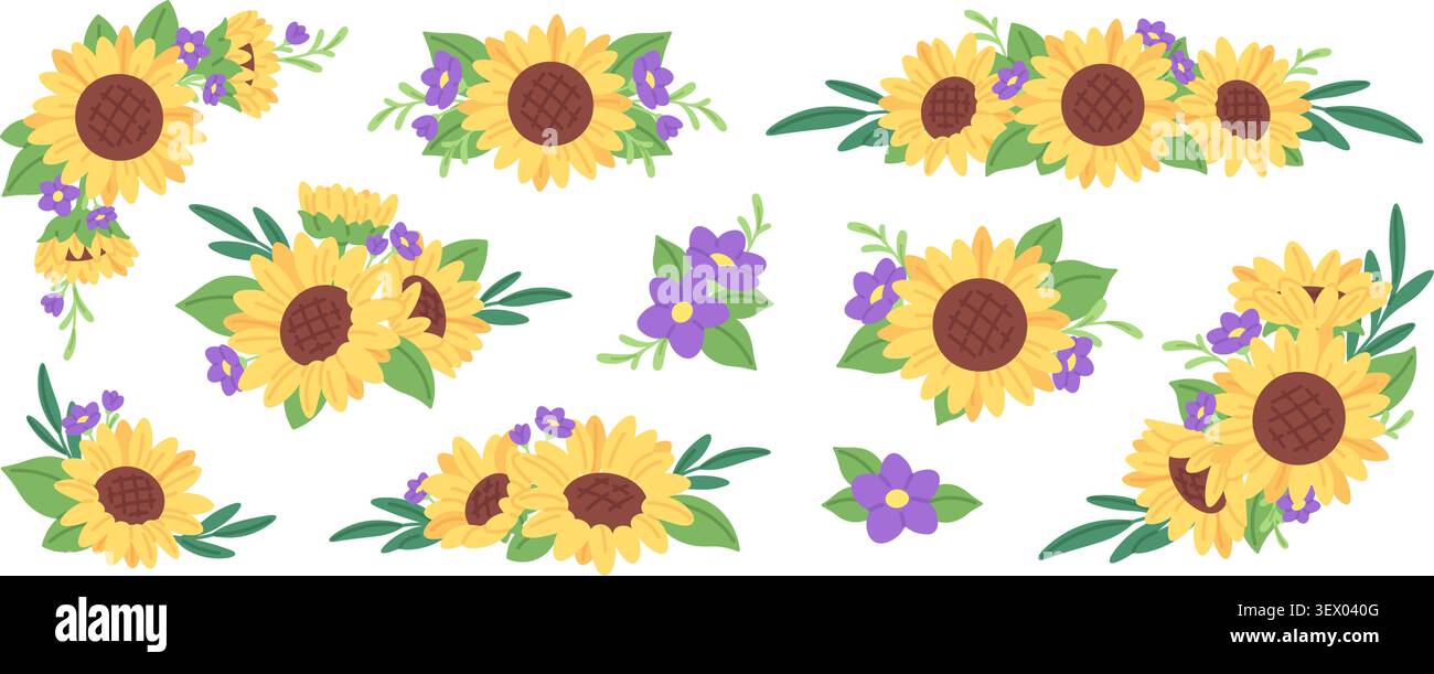 Blumendruck mit Sonnenblumen. Sonnenblumensträuße, dekorative Blumenmotive für Einladungen, Karten, Rundzeitschriften, Planer. Saisonale Blumen, Rausch Stock Vektor