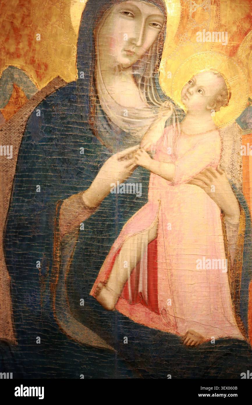 La Vierge de Majesté avec Six anges et les donateurs Paci Maître de 1310. Premier moitiéu XIV ème siècle.Italie. Dépôt du Musée du Louvre. Exposition Stockfoto