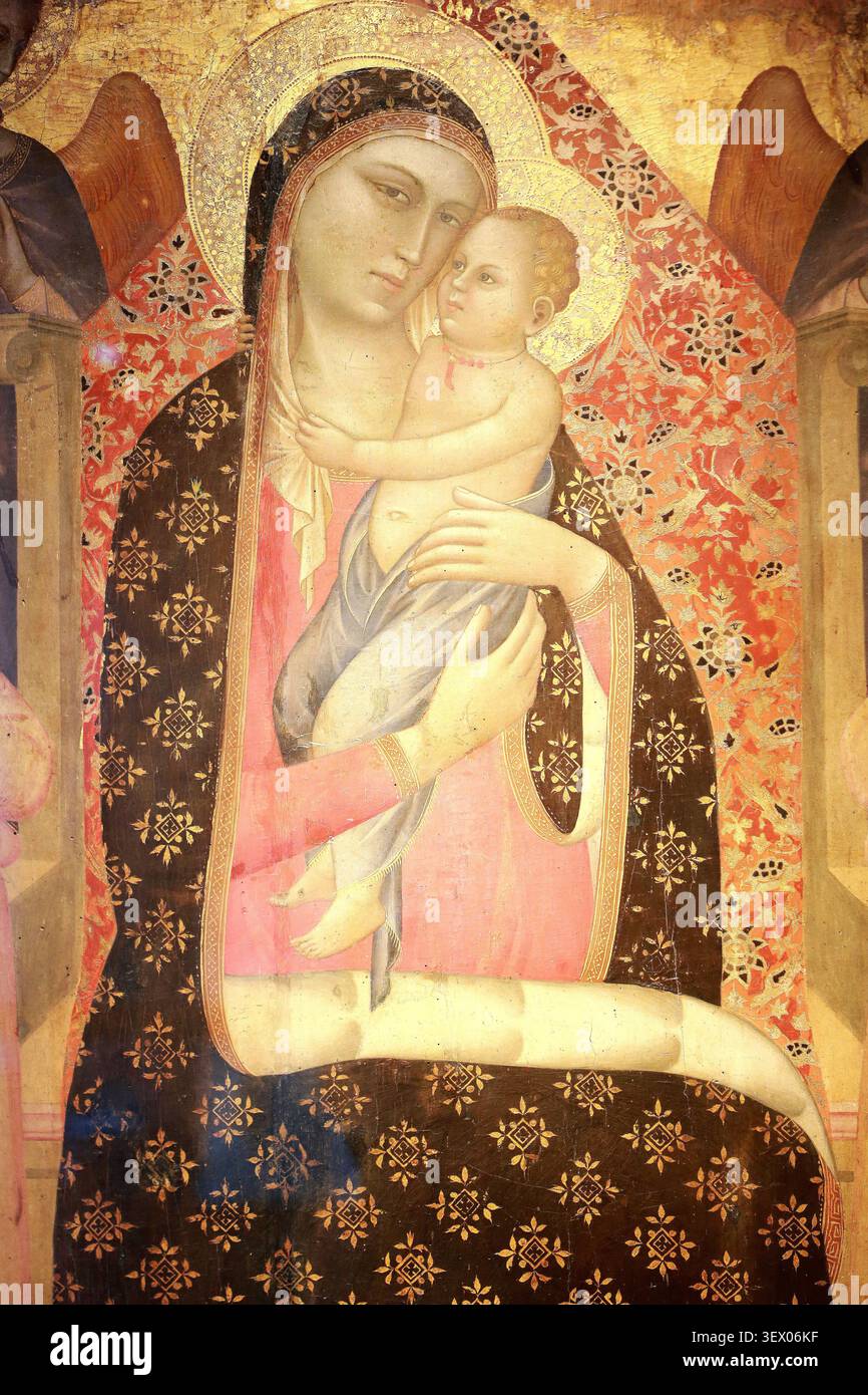 La Vierge de Majesté entourée de Six anges. 1300 / 1400. (XIVe siècle). Italie, ecole de Ghissi, Francescuccio. D 250. Dépôt du Musée du Louvre. Ausstellungen Stockfoto