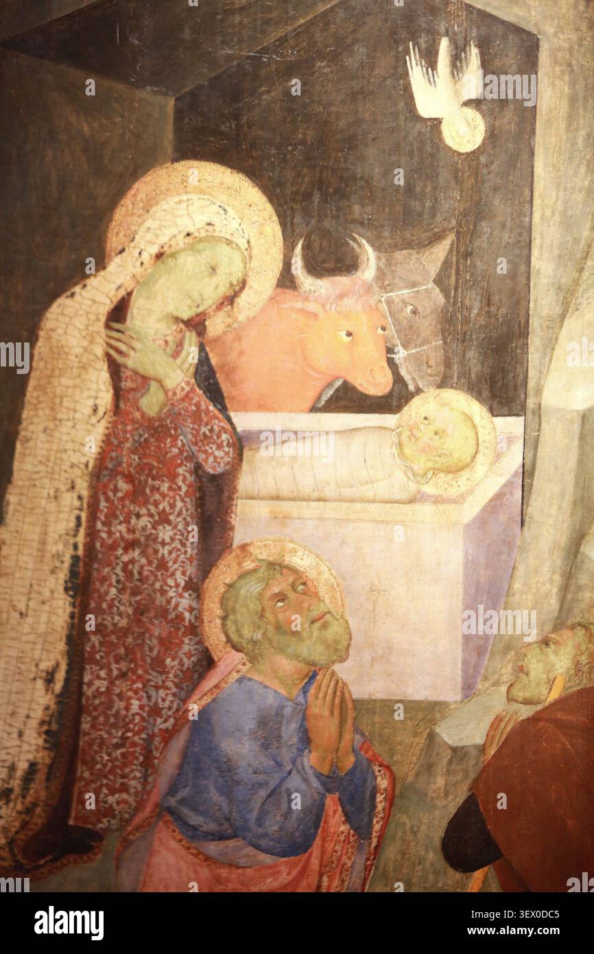 L'Adoration des Bergers. Attribué à Bartolo di Fredi. (Battilori). Sienne. Connu depuis 1353. Mort en 1410. D 24. Dépôt du Musée du Louvre. Exposition Stockfoto