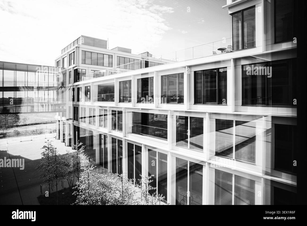 Modernes Schwarzweiß-Bürogebäude, fotografiert durch Glas mit Reflexionen Stockfoto