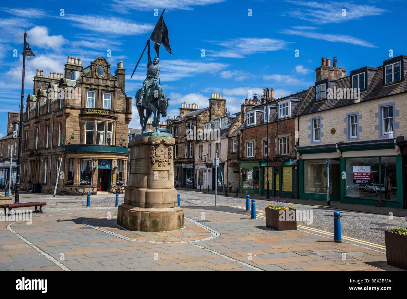 In Hawick, das als „Ken the Horse“ an der High Street bekannt ist, erinnert an einen Sieg über eine englische Raiding Party im Jahr 1514, ein Jahr nach Flodden Stockfoto