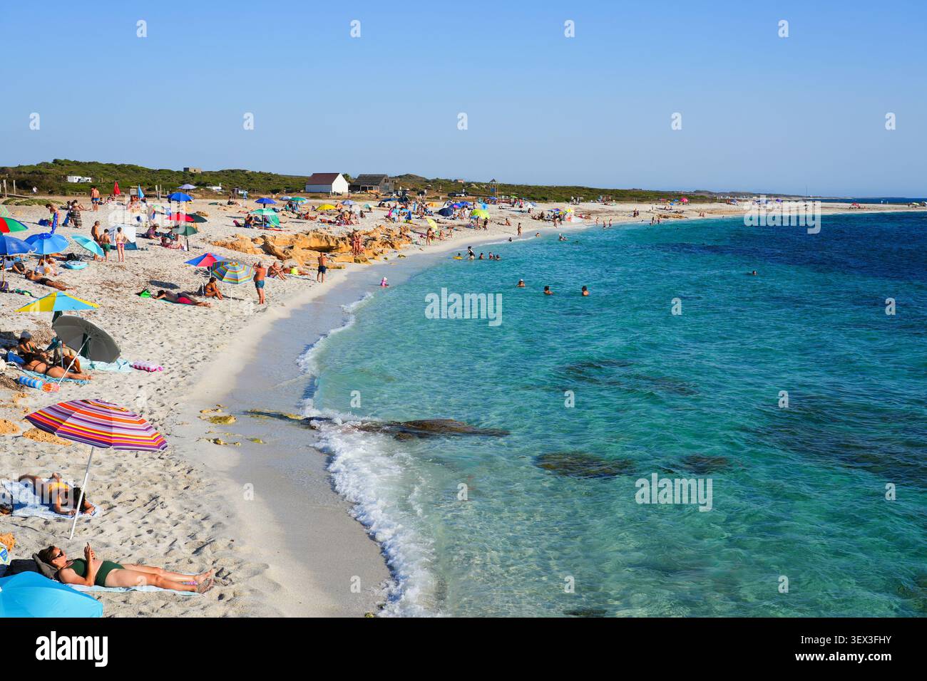 Kristallklares türkisfarbenes Wasser und Quarzsandstrand von IS Arutas in Cabras, Sardinien, Italien Stockfoto