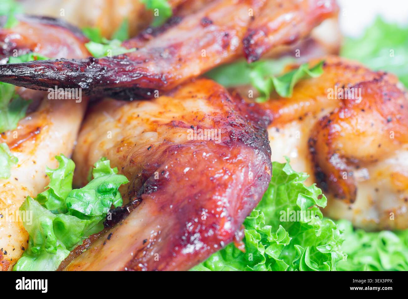 Gebratene Hähnchenflügel mit Kräutern. Nahaufnahme. Stockfoto