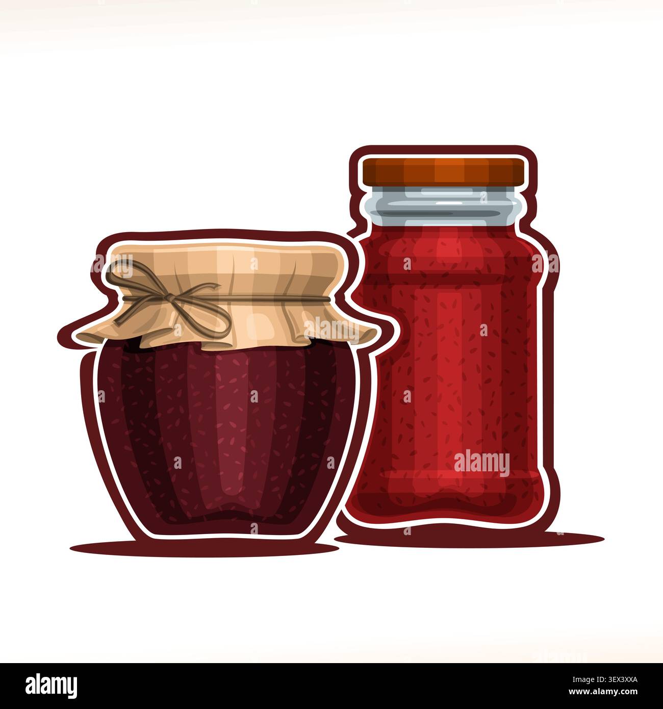 Vektor-Illustration der Frucht-Marmelade, Poster mit rustikalem Topf der natürlichen Himbeergelee mit Papierabdeckung und Garn gebunden in Schleife, hohes Glas der Erdbeere mar Stock Vektor