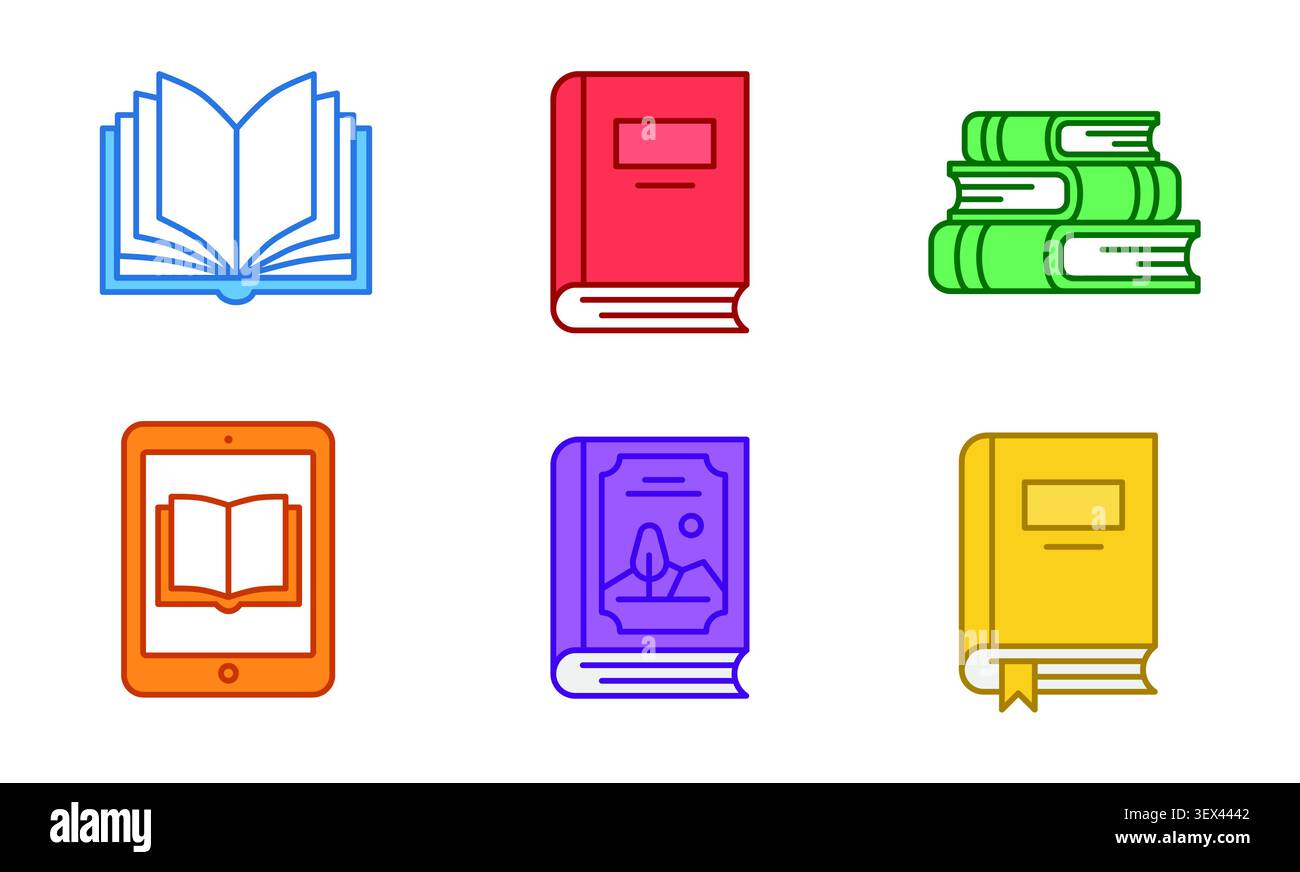 Buchsymbole mit gedruckten Büchern, eBook Reader, Lehrbuch- und digitalen Bibliothekssymbolen für Bildung, Lesen und Veröffentlichen Stock Vektor