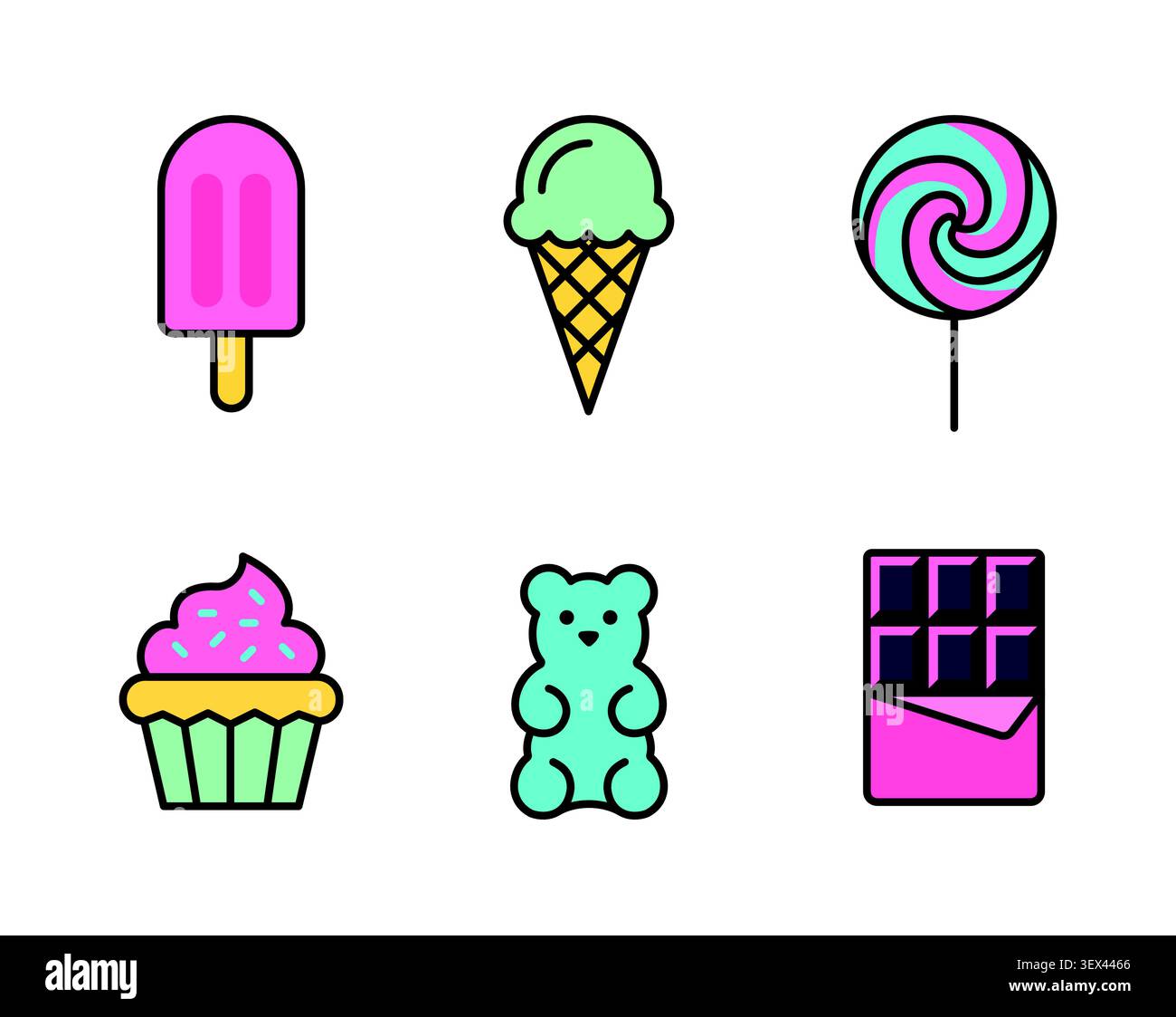 Süßes Dessert Icon Set mit Eis, Eis, Eis, Lutscher, Cupcake, Gummibär und Schokoladenbonbon Symbole Vektor Stock Vektor
