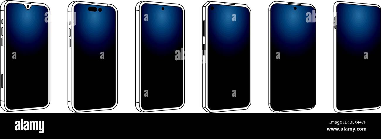 Smartphone-Modellset mit modernen, rahmenlosen Handyrahmen, leeren Bildschirmen und Gerätevorlagen für Benutzeroberfläche, App und Produktpräsentationsvektor Stock Vektor