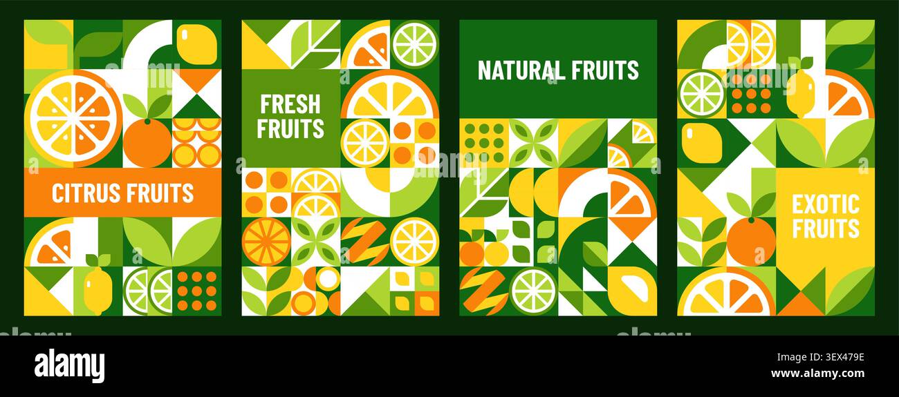 Poster mit tropischen Reifen Zitrusfrüchten mit geometrischem Muster und natürlichen Hintergründen für Lebensmittel. Zitrusfrüchte geometrisches Muster von Orange oder Zitrone mit Limette Stock Vektor