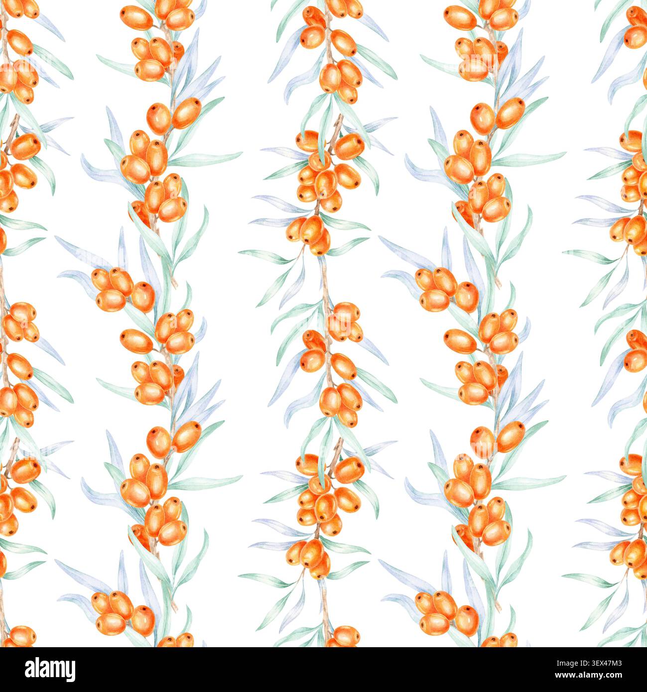 Orangefarbene Meeresfrüchte mit blau-grünen Blättern auf taupefarbenem Hintergrund in vertikalen Wiederholungen, Aquarellillustration ideal für Stoffsammlungen, Geschenkverpackung, Wohnkultur und Verpackungsdesign Stockfoto