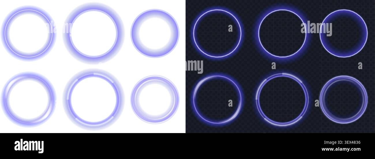 Sammlung von leuchtenden Neon-Rundrahmen mit weichen Leuchteffekten auf transparenten und dunklen Hintergründen. Futuristisches abstraktes Design, ideal für Technologie-, Gaming-, Schnittstellen- und digitale Projekte. Stock Vektor