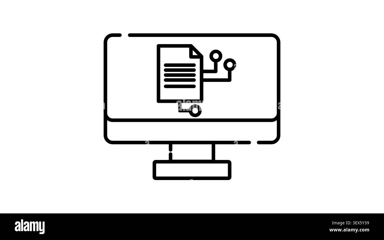 Desktop-Computer-KI-Dokumentensymbol: PC-Workstation, die Textdatei mit Symbol für künstliche Intelligenz auf dem Bildschirm anzeigt, minimalistischer schwarzer Kunstvektor Stock Vektor