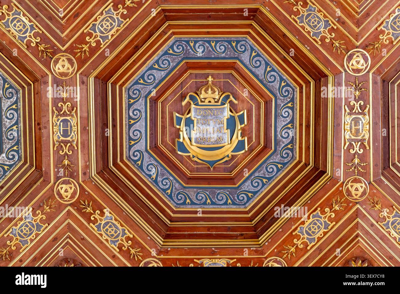 Frankreich, seine et Marne, Fontainebleau, Königliches Schloss von Fontainebleau, das von der UNESCO zum Weltkulturerbe erklärt wurde, der Ballsaal mit einer Kassettendecke mit Gold und Silber Stockfoto