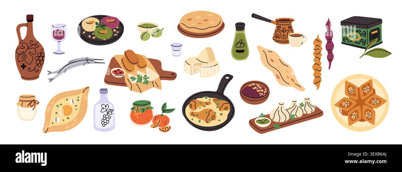 Traditionelle georgische Küche. Leckere Khinkali, Khachapuri, süße Kirchchchela, Wein, Saucen und authentische nationale Gerichte, verschiedene orientalische Gerichte Stock Vektor