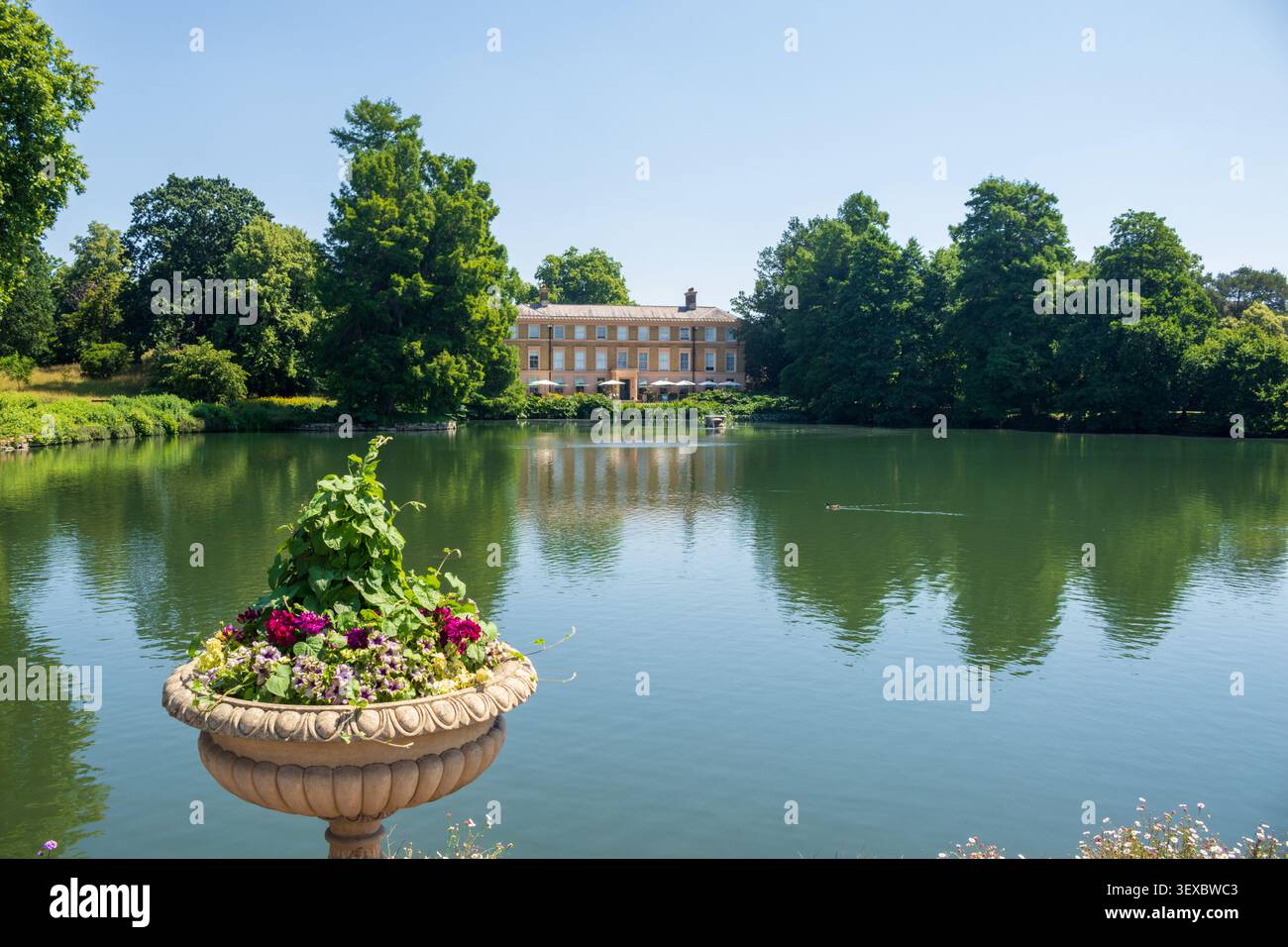 Die Botanical Brasserie von der anderen Seite des Sees aus, Royal Botanic Gardens Kew, Richmond, London, Großbritannien Stockfoto