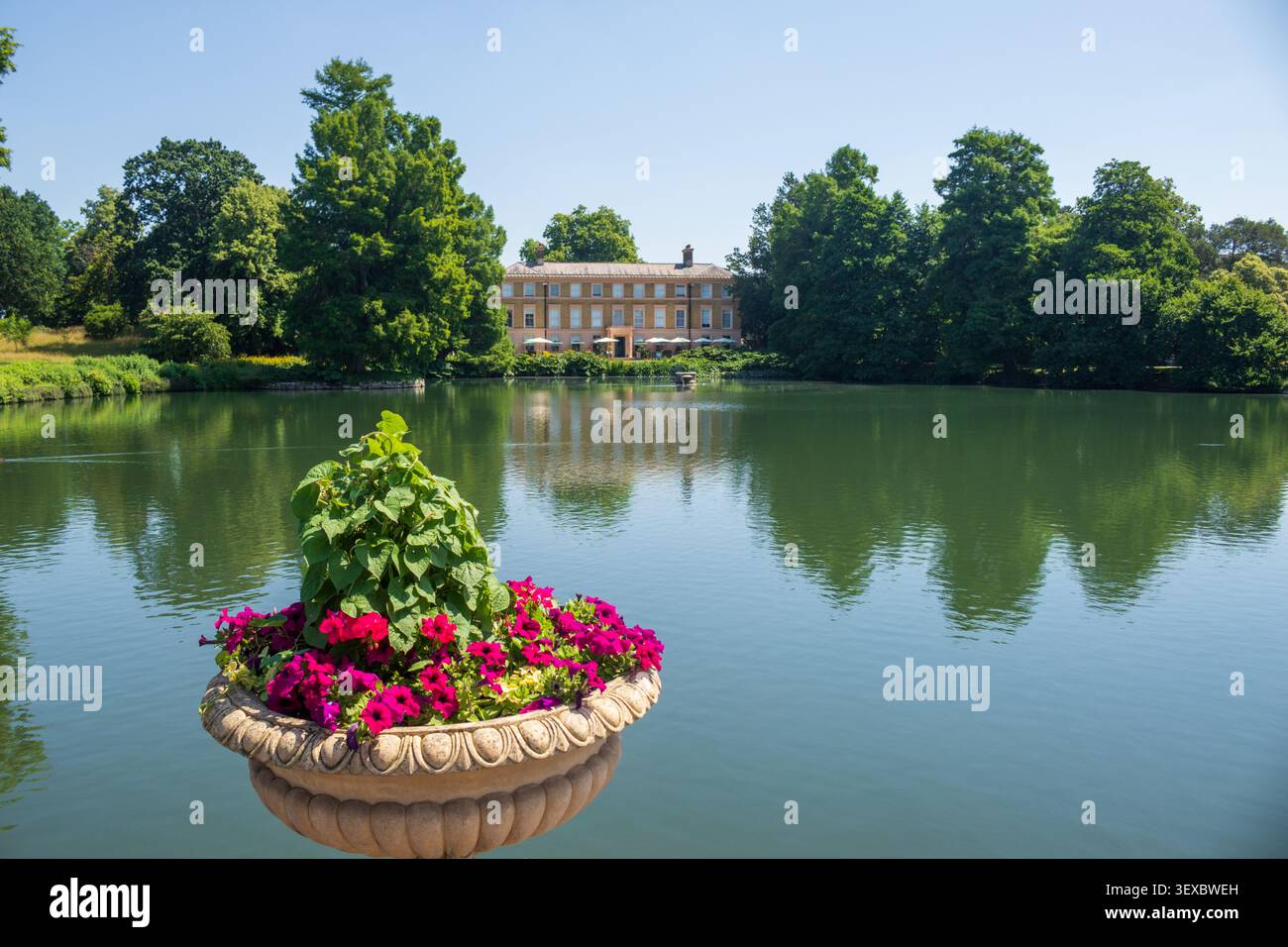 Die Botanical Brasserie von der anderen Seite des Sees aus, Royal Botanic Gardens Kew, Richmond, London, Großbritannien Stockfoto