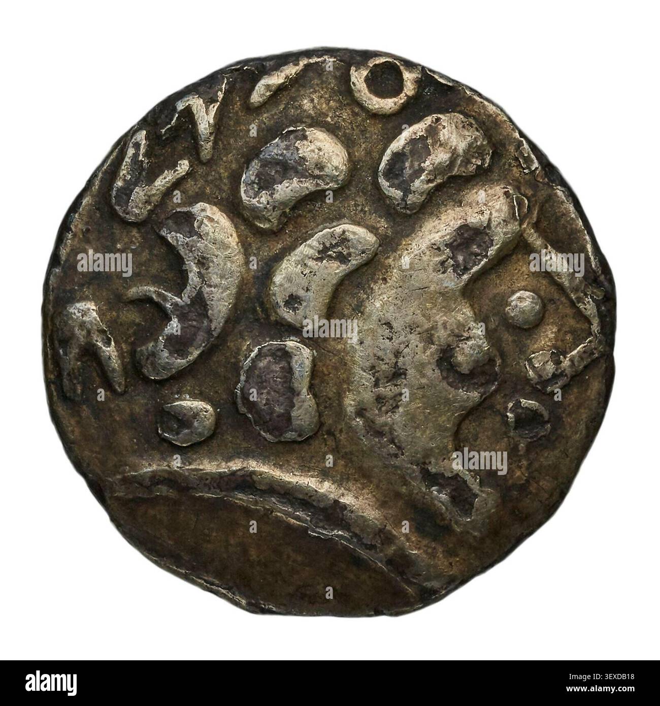 Eine keltische Bronzemünze aus dem 4. Jahrhundert, ungewiss zugeschrieben. Stockfoto