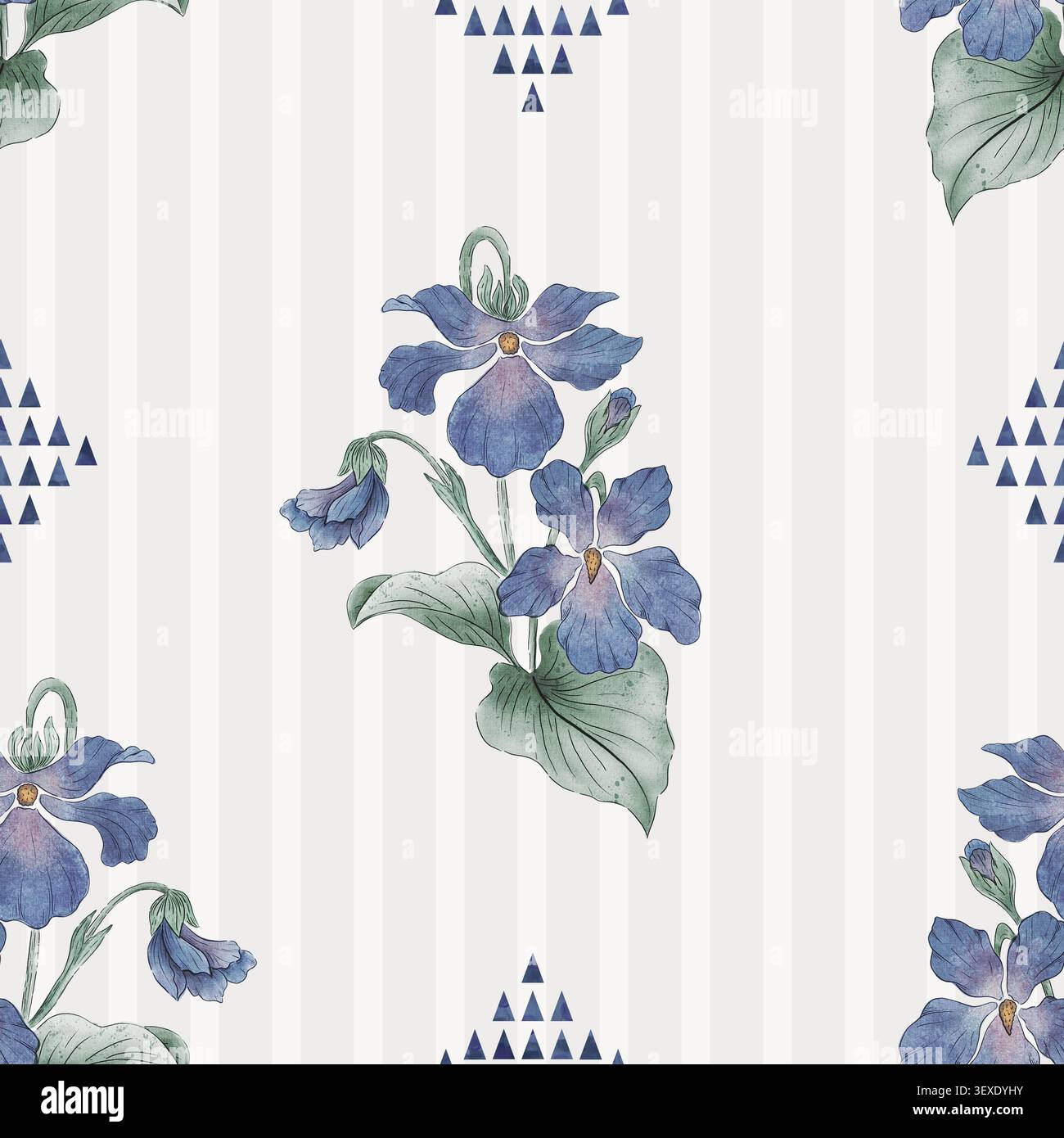 Blaues, nahtloses Muster mit Viola-Blumenmuster, vertikalen Streifen und geometrischen Akzenten Stockfoto