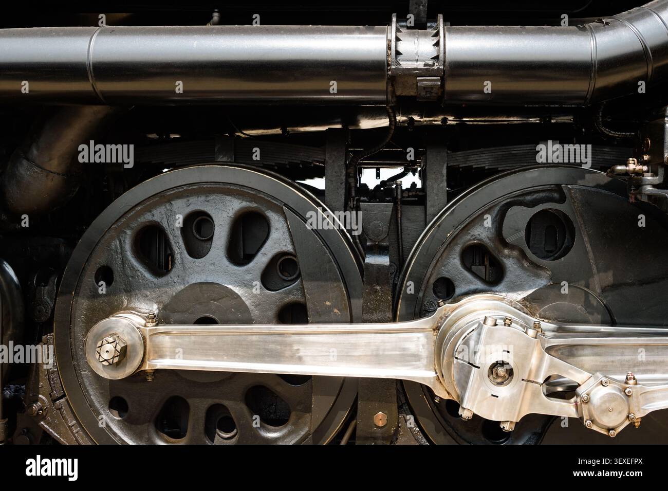 Seite der Vintage Dampflokomotive Räder und Antrieb – horizontal Stockfoto
