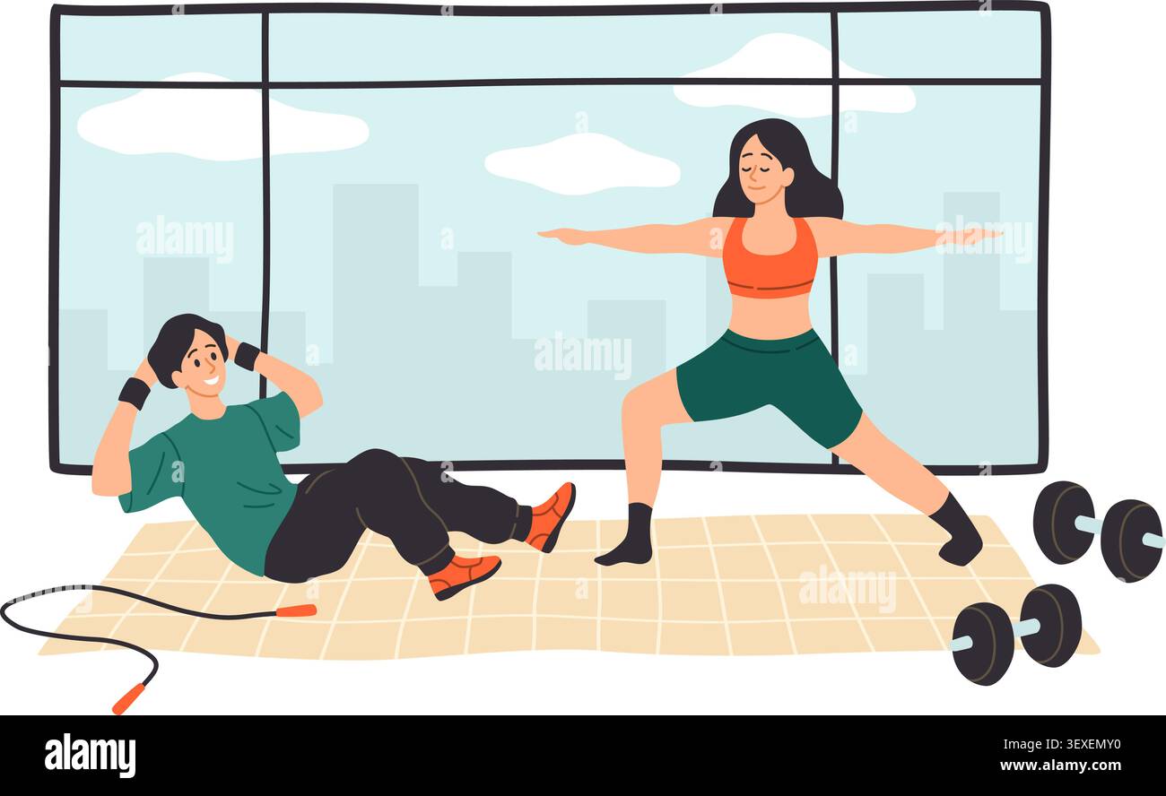 Home Workout Paar Training. Menschen trainieren auf Matte mit Kurzhanteln und Sprungseil in der Nähe, Indoor-Fitness-Routine, Krafttraining, Wellness Stock Vektor