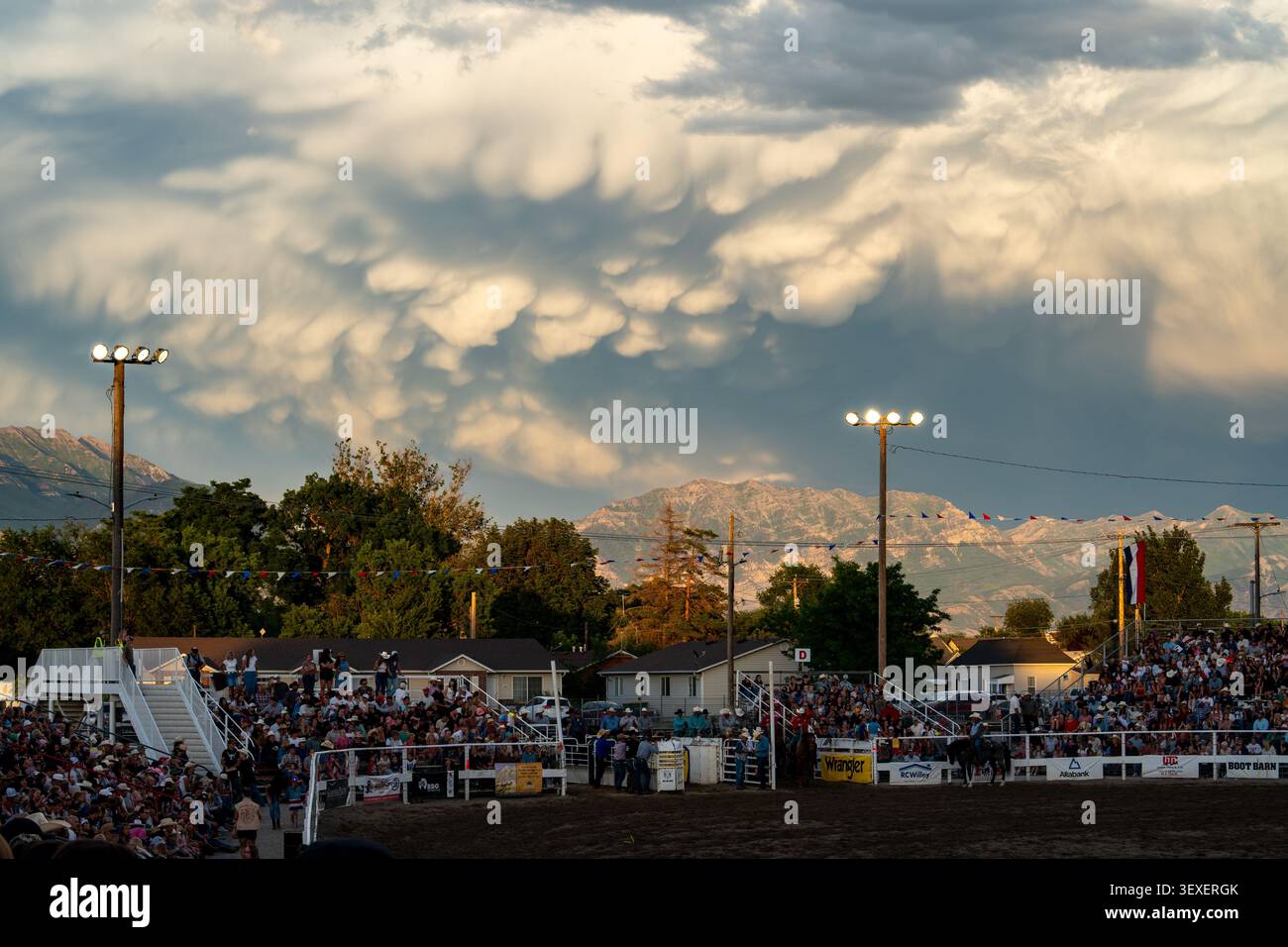 Lehi, Vereinigte Staaten - 25. Juni 2026: Blick auf das Lehi Roundup Rodeo Gelände mit Live-Rodeo-Event, Vieh, Reiter und Zuschauer unter dramatischem m Stockfoto