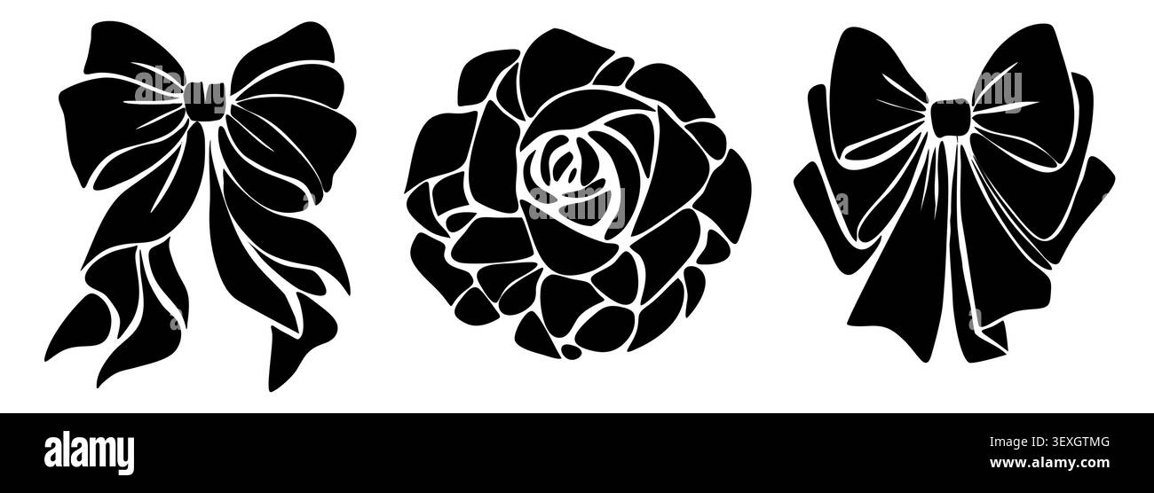 Schwarze Silhouette aus Schleife und Rose Stock Vektor