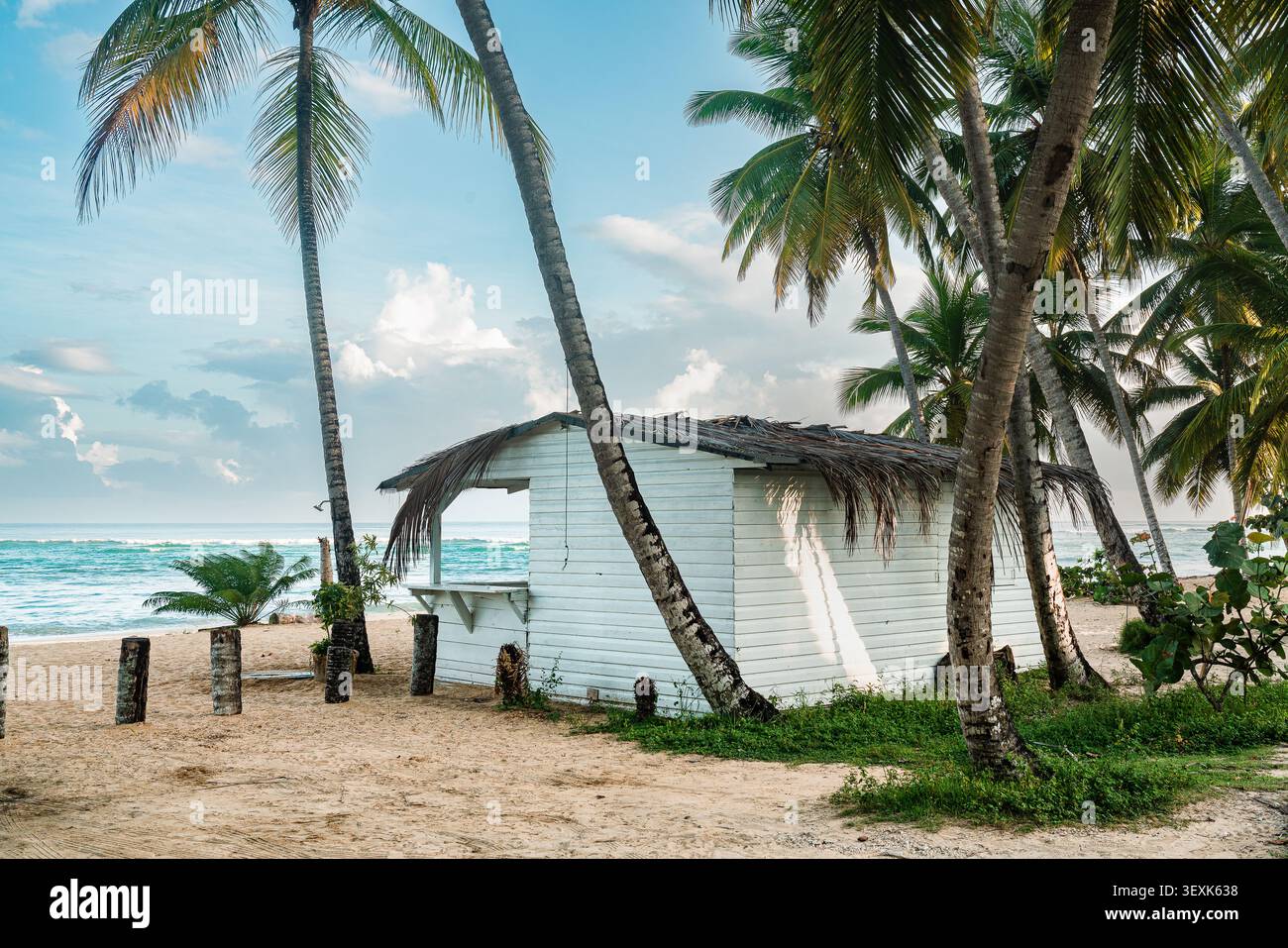 Hellblaue hölzerne Strandhütte mit traditionellem Strohdach in Las Terrenas Samana dominikanische republik Stockfoto