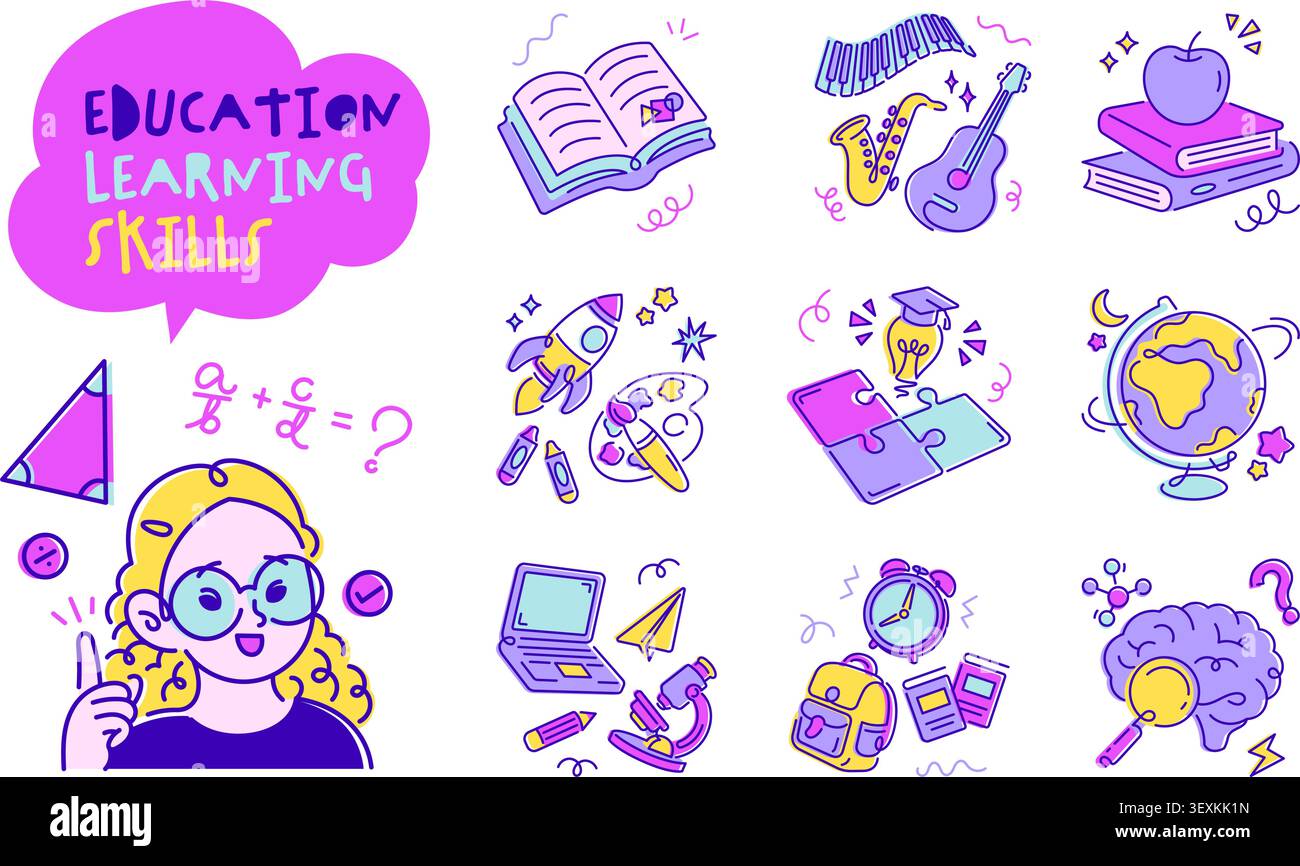 Bildungskonzeptlinie Illustration für Schule und Lehrer verspieltes skurriles Doodle Dekorationsset Stock Vektor