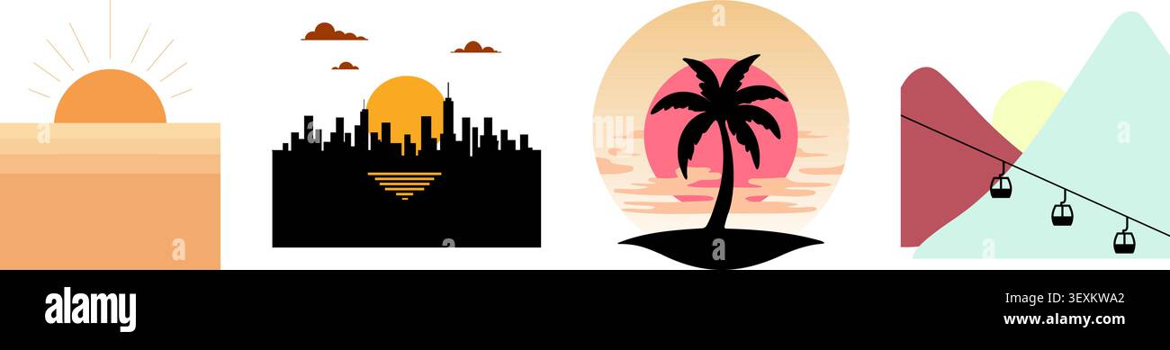 Eine minimalistische flache Illustrationssammlung mit grafischen Elementen zum Thema malerischer Sonnenuntergang Stock Vektor