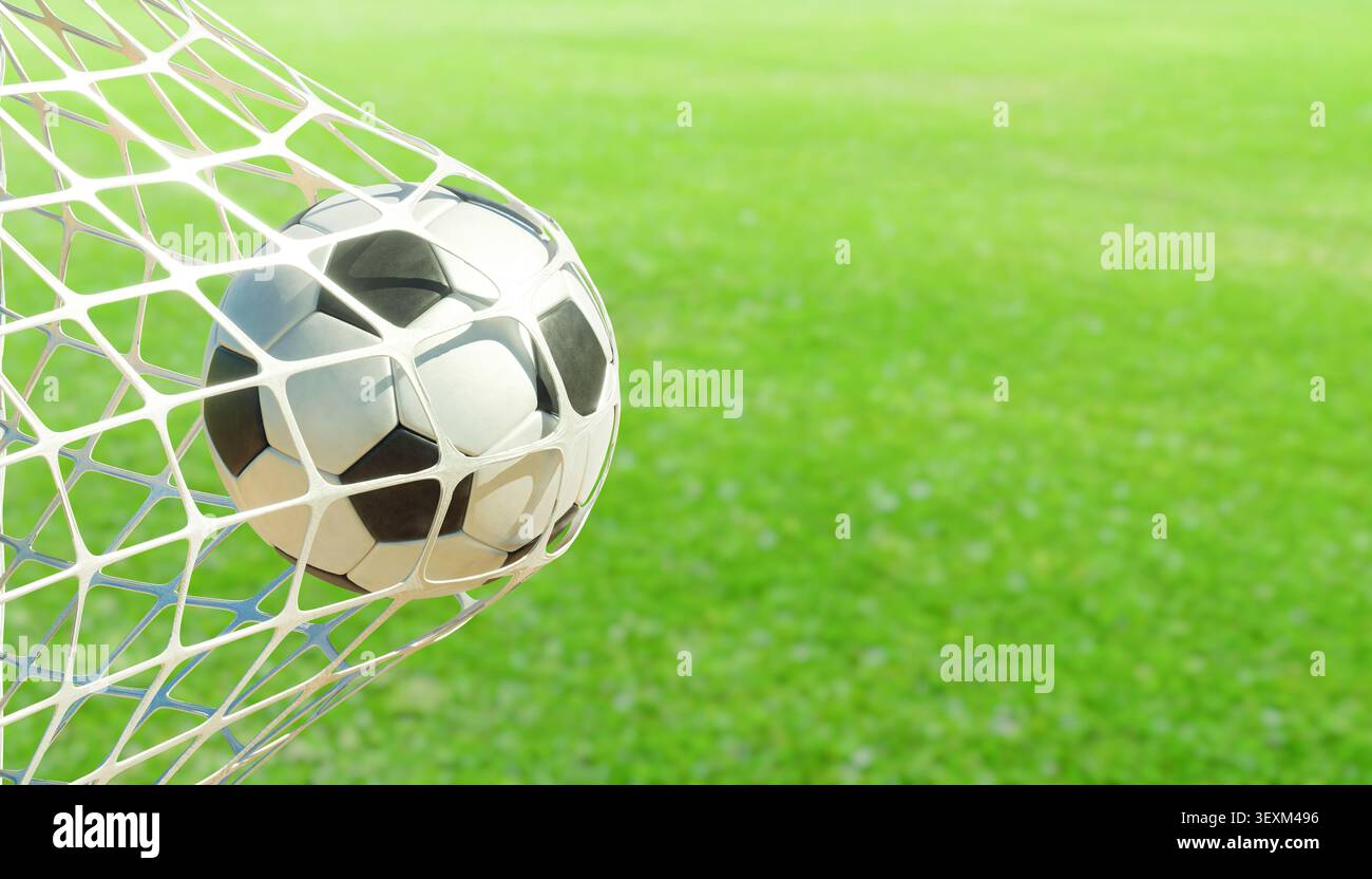 Fußball trifft auf das weiße Netz auf einem unscharfen Rasenplatz. 3D-Rendering Stockfoto