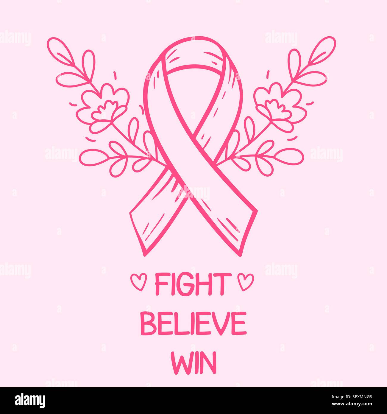 Pinke Schleifenillustration mit Blumenelementen und motivierendem Text „Fight Believe Win“ auf weichem rosa Hintergrund, der die Unterstützung für Krebs symbolisiert Stock Vektor