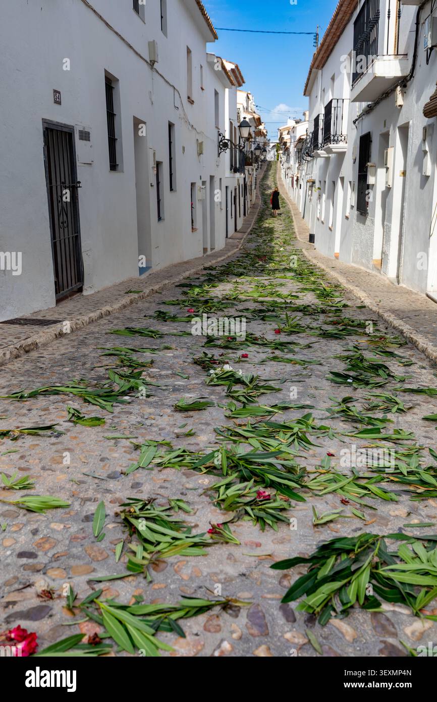 Eine typische Straße im historischen Zentrum von Altea, Alicante, Spanien, mit Ästen und Blättern auf dem Boden nach den Fronleichnamsfeiern Stockfoto