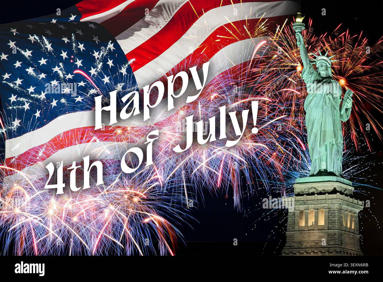Happy Fourth of July, 4. Juli oder Unabhängigkeitstag, Illustration der amerikanischen Unabhängigkeit mit Freiheitsstatue, amerikanischer Flagge und Feuerwerk Stockfoto