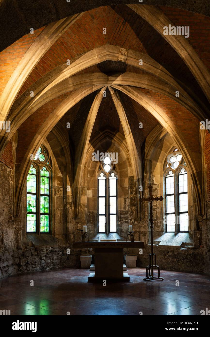 Spitzbögen, Kreuzrippengewölbe und hohe Fenster rahmen das Innere einer Kapelle in Budapest, Ungarn. Stockfoto