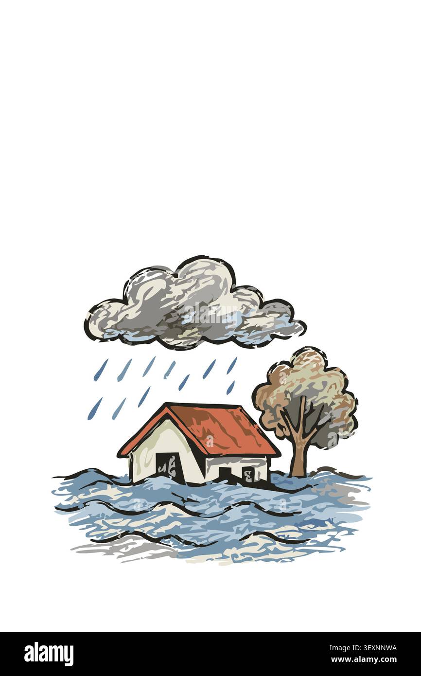 Überflutetes Haus mit starker Regenwolke Illustration, die natürliche Katastrophe, Klimawandel, extremes Wetter und Hochwasserrisiko in Wohngebieten darstellt Stockfoto