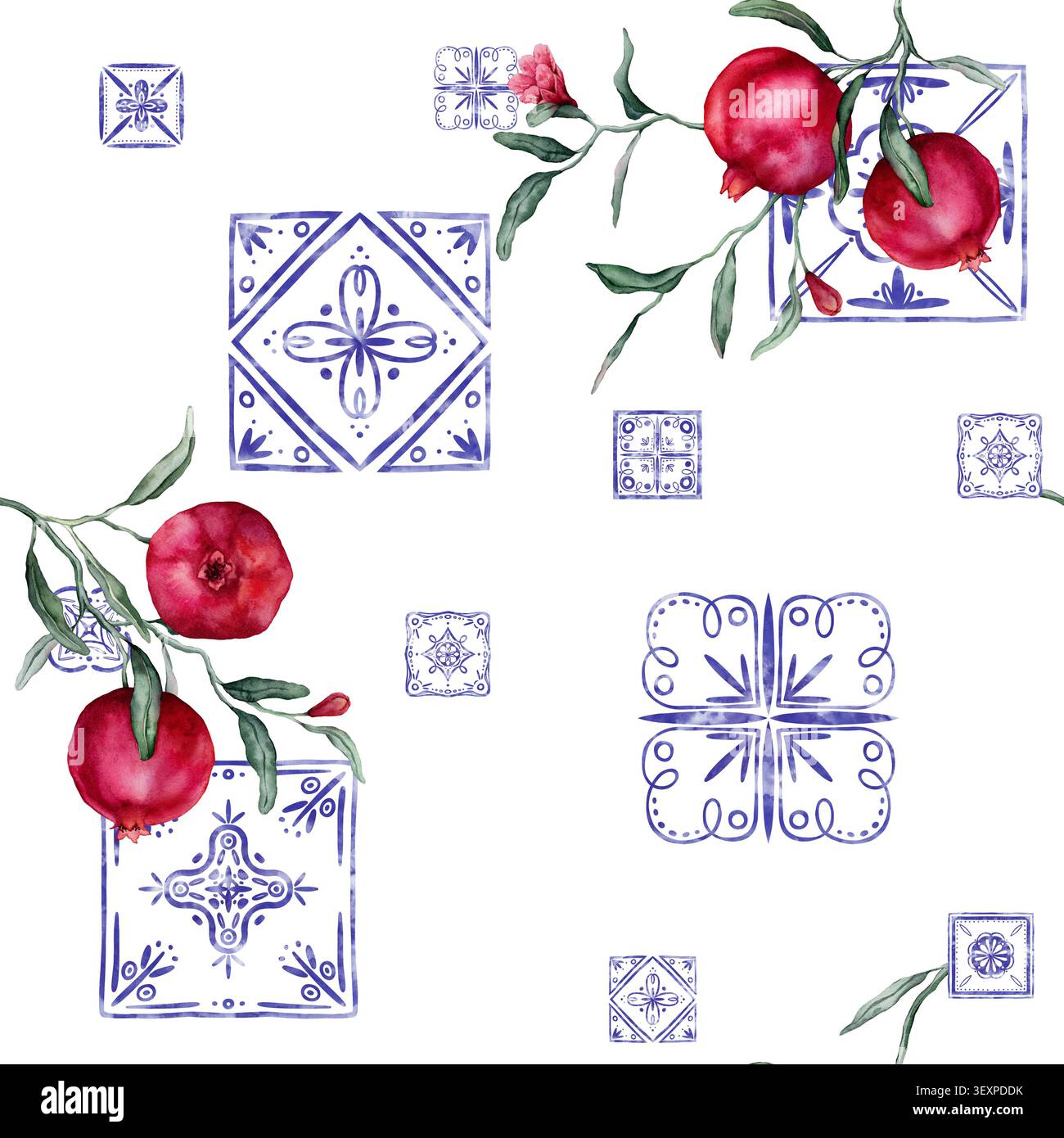 Nahtloses Muster aus portugiesischen Azulejo-Fliesen und Granatapfelbranche. Blaues Mittelmeer, spanische Keramiktraditionen. Handgezeichnetes Aquarell Stockfoto