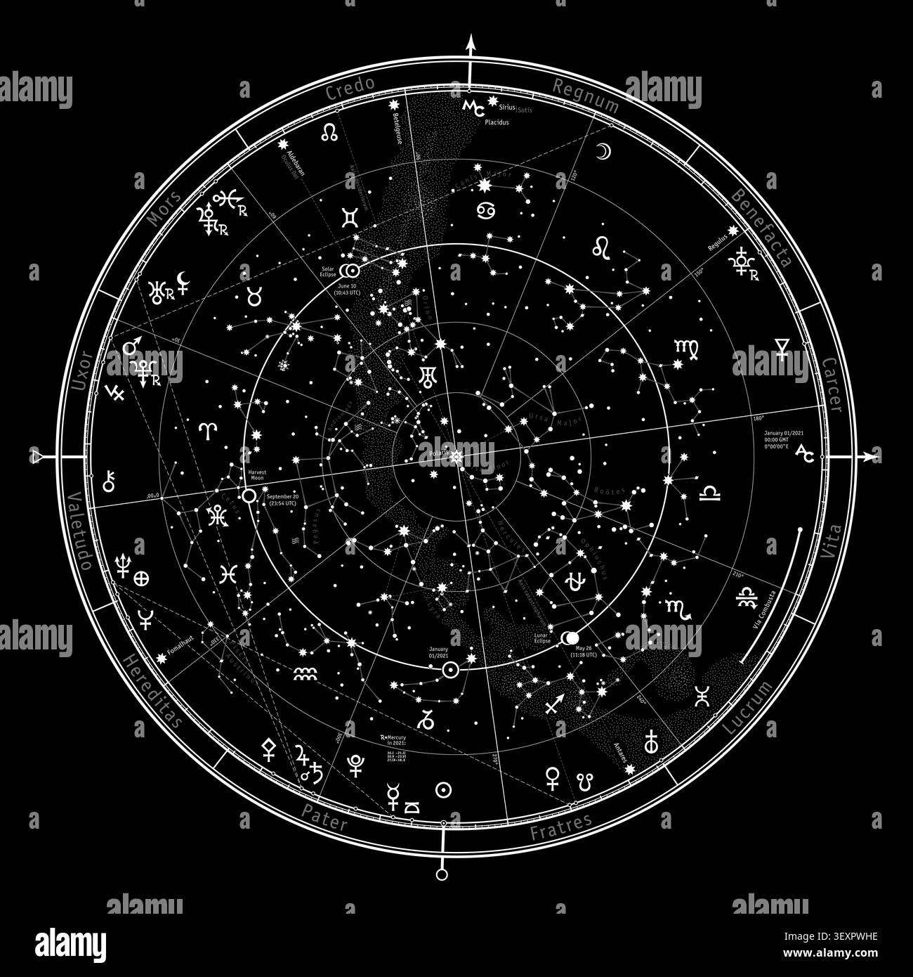 Astrologische Himmelskarte der nördlichen Hemisphäre. Das Allgemeine Globale Universelle Horoskop am 1. Januar 2021 (00:00 GMT). Detailkarte mit symb Stockfoto