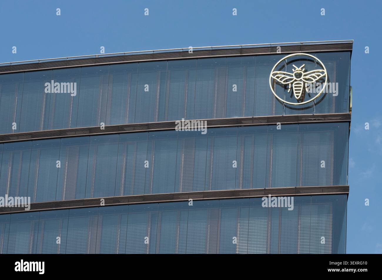 Das goldene Bienenlogo auf der modernen Glasfassade des Hauptsitzes der erste Group Bank AGS in Wien. Stockfoto